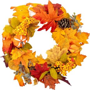 زينة إكليل الخريف 18 بوصة إكليل سقوط صناعي للباب الأمامي، ديكورات خريفية للمنزل، إكليل مزرعة الحصاد مع أوراق القيقب، القرع، التوت، أكاليل الخريف للمنزل، الجدار، الشرفة in Kuwait