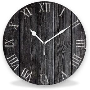 Silent Non Ticking Rustic Wall Clock, Wooden Black Clock Roman Numerals Clocks, Battery Operated 9.8"x9.8" Round Wall Clock for Kitchen, Living Room, Bedroom, Office