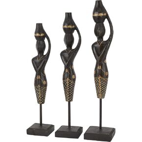 Deco 79 Wood Woman Standing African Sculpture with Baskets on Their Heads, Set of 3 23", 21", 20"H, Black