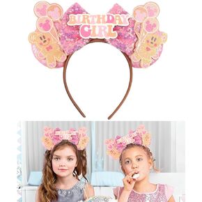 Birthday Tiara Crown Headband with Mouse Ears & Colorful Ribbon, Adorable Headwear Accessory for Women Girls Birthday Celebrations, Gifts; BR-BC