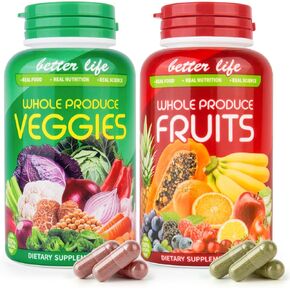 Fruits and Veggies Supplement/Capsules -100% Whole Natural Vitamins Supplements- Balance Energy Levels for Women Men 90 Fruit Capsules, 90 Veggie Capsules