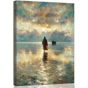 Framed Jesus Pictures for Wall God Canvas Wall Art Jesus Walking on Water Paintings print for Living Room Christian Art Decor Religious Posters Ready to Hang 12x16Inches
