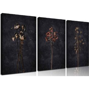 3Pcs Dark Floral Canvas wall art Moody Dried Wildflower Posters Pictures Nature Wilderness Botanical Paintings Abstract Prints for Living Room Bedroom Office Modern Farmhouse Wall Decor Framed