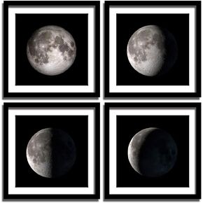 ENGLANT - 4 Pieces Framed Moon Phases Canvas Wall Art, Black and White Bedroom Wall Decor, Abstract Giclee Space Artwork with Matting and Acrylic Panel Sealing, for Home and Office Decoration