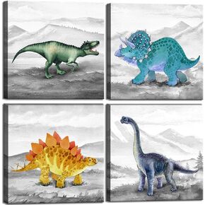 Dinosaur Bedroom Decor Wall Art Prints Gift Idea for Nursery and Kids Room Canvas Wall Art Watercolor Dinosaur Boys Room Decor Framed Wall Art 4 Pieces Canvas Art Print Gallery Wrapped Wall Art Prints