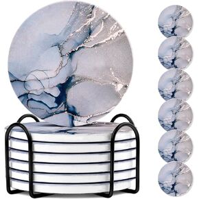 Round Coasters for Drinks, Crystal Blue Ceramic Marble Coasters, 6 Pcs Coffee Cup Beverage Coasters, Non-Slip Wine Beer Bar Coasters, Cork Bottom Coasters Protect Desk for Room Decor(4 Inches)