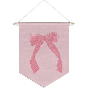 Coquette Trendy Pink Bow Canvas Hanging Pennant Flag Banner,Preppy Aesthetic Wall Decor for Nursery bedroom teen girls,Bedroom Decor for Baby Girl Girls Room