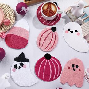 6 Pcs Pink Halloween Decorations Pink Ghost Decoration 5.1'' Halloween Tufted Coaster Pumpkin Candy Corn Drink Coaster Absorbent Cup Coasters for Home Office Party Decor Table Decoration
