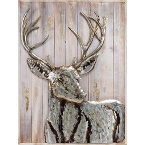 Empire Art Direct Deer معدن مرسومة يدويًا منحوتة حديدية من الوسائط المختلطة على ألواح خشبية صلبة ثلاثية الأبعاد، 40 بوصة × 3.0 بوصة × 30 بوصة، رمادي