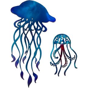 noxozoqm Metal Jellyfish Wall Decor (2 in 1), Ocean Themed Jellyfish Bathroom Decorations, Colorful Ocean Room Decor, Coastal Metal Fish Wall Decor for Beach Bath House,Bathroom,Pool and Bedroom