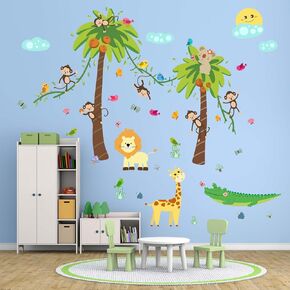 Forest Animals Baby Wall Stickers - Monkey Giraffe Lion Summer Wall Decals - Baby Nursery Kids Room Daycare Playroom Classroom Wall Decor