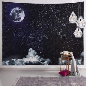 SENYYI Moon Stars Wall Tapestry Wall Hanging Outer Space and Galaxy Tapestry Night Sky with White Cloud Home Decor for Room (59.1 x 82.7 inches)