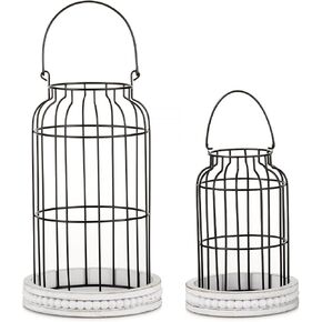 Rustic Farmhouse Lantern Decor Set of 2 - Wood Beaded Tray Vintage Metal Black Decorative Lanterns for Living Room, Kitchen Dining Table Fireplace Mantle, 11" & 7" Cloche Set Home Decor
