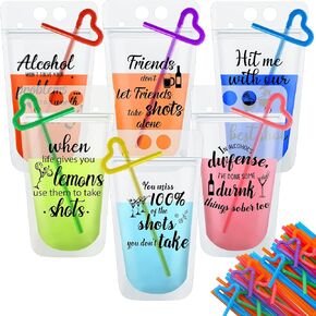 24 Sets Summer Iced Cold Friendship Zipper Drink Pouches with Straws Reusable Juice Small Pouches Shots Handheld Drink Bags Friends Drink for Adult Drinking Birthday Party