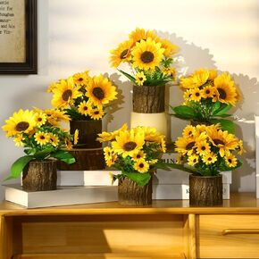 Lyrow 6 Pcs Sunflower Decor Potted Artificial Sunflowers for Decoration Rustic Sunflower Plant Yellow Faux Flower in Pots for Home Bathroom Kitchen Living Room Shelf Table Centerpiece Wedding Party
