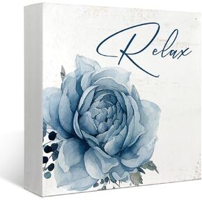 Mtrgdn Bathroom Decor Wooden Sign, Funny Vintage Wooden Box Decor for Spa Beauty Salon,Relax Unwind Box Sign Plaque Decor, Blue Flower Wooden Decor for Bedroom Living Room 5X5 Inch