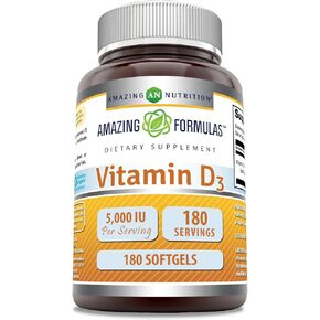 Amazing Formulas Vitamin D3 Cholecalciferol Supplement | 5000 IU Per Serving | Softgels | Non-GMO | Gluten-Free | Made in USA (180 Count)