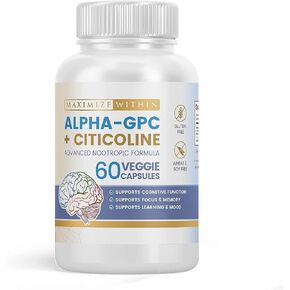 Alpha GPC + Citicoline 60 Ct, 1600mg Concentrated Formula- 99%+Highly Purified & Bioavailable Nootropic-Cognitive Enhancer, Supports Memory, Brain Function, Boosts Focus, Mood & Energy