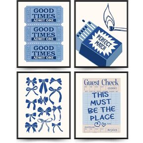 ETVISO Blue Coquette Preppy Wall Art Prints Set of 4, Dorm Room Decor, Coastal Cowgirl Room Decor, Preppy Room Bow Decor Aesthetic, Coastal Granddaughter Room Decor, 8x10 (Unframed)