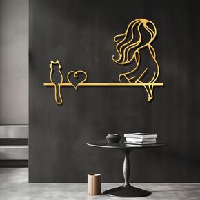 Vofstand Gold Metal Cat Wall Decor - Cat & Girl Wall Art for Living Room Bedroom Modern Minimalist Wall Art Cat Gifts for Cat Lovers Girls Women Cats Mom Wall Sculptures Home Outdoor Wall Decorations