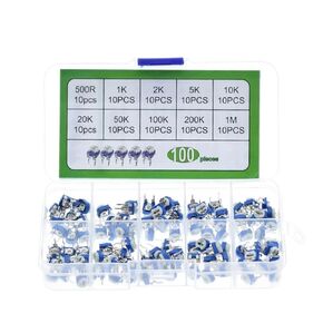 10 Values 100PCS 500 Ohm- 1M Ohm RM065 Blue and White Adjustable Resistor Kit Multiturn Trimmer Potentiometer Set Variable Resistors