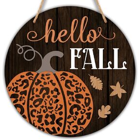 Hello Fall Home Decor Thanksgiving Decorations, 10" Autumn Round Wood Sign Hanging Plaque, Fall Fox Welcome Door Sign Wall Art for Outdoor Farmhouse Garden Porch Home -B01