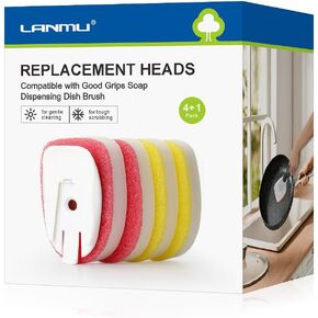 LANMU Sponge Replacement Heads Compatible with OXO Good Grips Soap Dispensing Dish Scrubber for Kitchen Bathroom Cleaning (1 Reusable Connector with Built-in Scraper and 4 Sponge Refills)