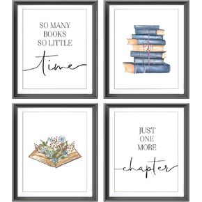 AEHIE So Many Books So Little Time Book Decor Wall Art Print, Just One More Chapter Poster Prints for Reading Corner Decor, Funny Quote Wall Decor, Book Floral Wall Art for Library, 4pcs 8x10inch