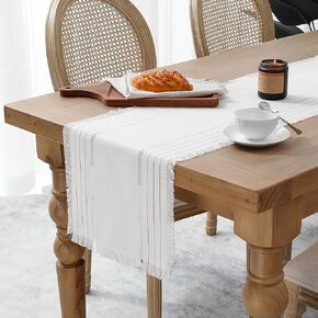 14 x 48 inches Farmhouse Table Runners, 48 inch Long Boho Hemstitched Table Runner with Tassel for Dining Room, Kitchen Console, TV Stand and Dresser Decorations - Cream