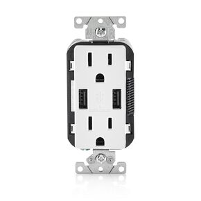Leviton T5632-BW R02-T5632-0Bw 2-Port Combination Duplex Receptacle with USB Charger, 125 Vac, 15 A, 2 Pole, 3 Wire, White