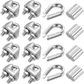 PATIKIL Wire Rope Accessory Set, 304 Stainless Steel 8 Pcs Cable Clip Clamp 4 Pcs Thimble 4 Pcs Aluminum Crimping Loop Sleeve for 4mm/3/16" Cable Rope