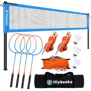 Badminton Set Outdoor for Backyard Lawn Beach Portable Badminton Net Set System with Anti Sagging Design, 4 Carbon Aluminum Rackets for Kids + Adults