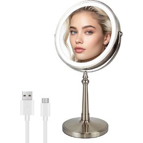 9" Vanity Mirror with Lights, Rechargeable Lighted Makeup Mirror,1x&10x Lighted Makeup Mirror with Magnification, Brightness Adjustable Light up Mirror, 360° Rotation, Gift for Women (Nickel)