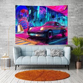 Ine Ive Retro 80s Car Tapestry, Dream Punk City Coconut Tree Wall Decoration Tapestry, Neon Night Space Astronaut Tapestry Wall Hanging 60x40 Inch for Family Living Room Dormitory Bedroom GTWHIE737