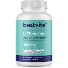 BESTVITE L-Theanine 200mg with Patented and Clinically Studied Suntheanine (60 Vegetarian Capsules) - No Stearates - Vegan - Non GMO - Gluten Free