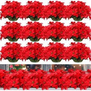 meekoo 48 Pcs Christmas Artificial Poinsettia Flowers 7 Heads Fake Flowers with Stem Poinsettia Christmas Tree Ornaments for Home Wedding Party Table Courtyard Outdoor Cemetery Decoration (Red)