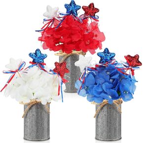 3 Sets Labor Day Decoration Red White Blue Artificial Hydrangeas Flower with Vase Labor Day Memorial Day Patriotic Table Decorations with Glitter Stars Picks for Home Office(Iron Color)