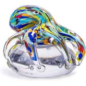 Hand-Blown Glass Octopus Figurine - Colorful Octopus-Vibrant Ocean Theme Décor for Home, Office, Aquarium，Shelf Display-Glass Paperweight