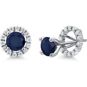 Gem Stone King 925 Sterling Silver Round Blue Sapphire and White Moissanite Removable Jacket Stud Halo Earrings For Women (2.62 Cttw, Gemstone Birthstone, Round Cut 6MM)
