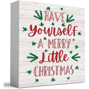 WRSUNT Have Yourself A Merry Little Christmas Wood Box Sign, Farmhouse Christmas Santa Artwork Decor, Wood Square Sign Desk Block Signs Home Shelf Office Decoration 5 x 5 Inches
