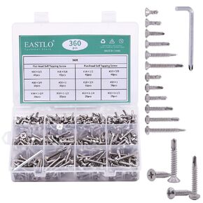 EASTLO 320pcs Pan + Flat Head Self Tapping Screws (#10 Size), 410 Stainless Steel Pan and Flat Head Self Drilling Screws Sheet Metal Screws