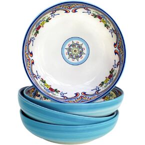 Euro Ceramica Zanzibar Collection Pasta Bowl Sets, Set of 4, Spanish Floral Design, Multicolor Blue