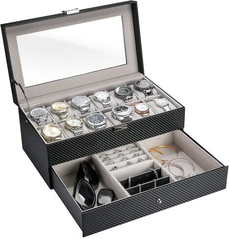 ProCase 10 Slots Watch Box Case for Men, Mens Jewelry Organizer Watch Holder Display Case with Drawer, PU Leather Watch Storage Boxes with Glass Lid and Pillow -Espresso in Saudi Arabia