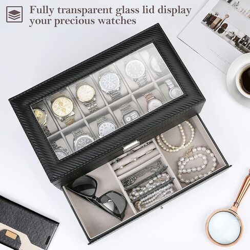 ProCase 10 Slots Watch Box Case for Men, Mens Jewelry Organizer Watch Holder Display Case with Drawer, PU Leather Watch Storage Boxes with Glass Lid and Pillow -Espresso in Saudi Arabia