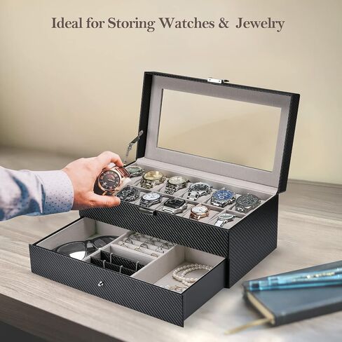 ProCase 10 Slots Watch Box Case for Men, Mens Jewelry Organizer Watch Holder Display Case with Drawer, PU Leather Watch Storage Boxes with Glass Lid and Pillow -Espresso in Saudi Arabia
