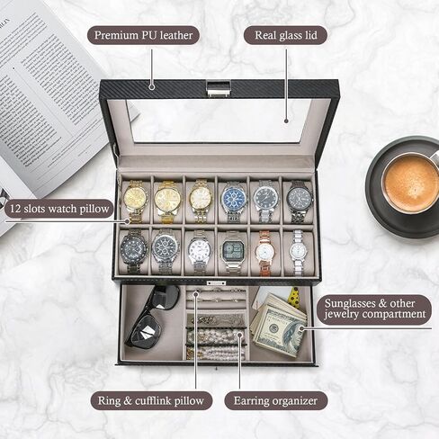 ProCase 10 Slots Watch Box Case for Men, Mens Jewelry Organizer Watch Holder Display Case with Drawer, PU Leather Watch Storage Boxes with Glass Lid and Pillow -Espresso in Saudi Arabia