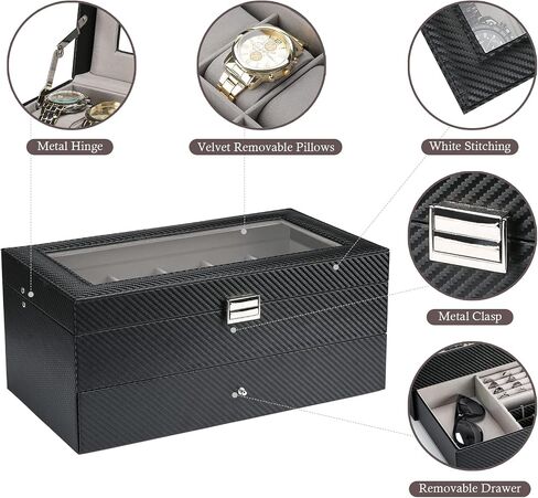 ProCase 10 Slots Watch Box Case for Men, Mens Jewelry Organizer Watch Holder Display Case with Drawer, PU Leather Watch Storage Boxes with Glass Lid and Pillow -Espresso in Saudi Arabia