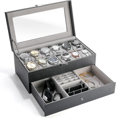 ProCase 10 Slots Watch Box Case for Men, Mens Jewelry Organizer Watch Holder Display Case with Drawer, PU Leather Watch Storage Boxes with Glass Lid and Pillow -Espresso in Saudi Arabia