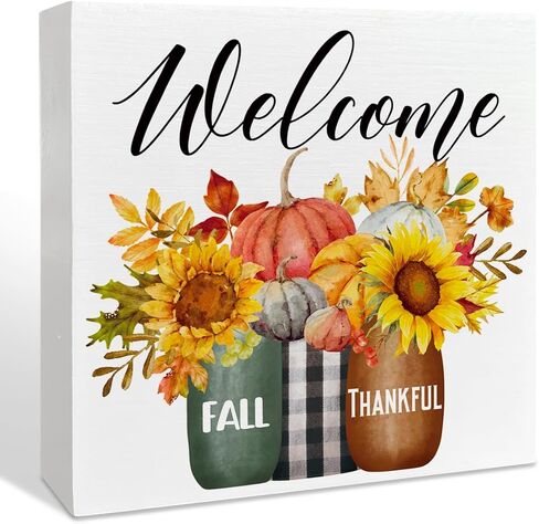 Fall Decor Wooden Box Sign, Fall Sunflower Pumpkin Table Decor Thanksgiving Harvest Autumn Decoration Home Office Room Kitchen Fall Sign Decor, Welcome Fall Thankful in Saudi Arabia