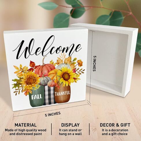 Fall Decor Wooden Box Sign, Fall Sunflower Pumpkin Table Decor Thanksgiving Harvest Autumn Decoration Home Office Room Kitchen Fall Sign Decor, Welcome Fall Thankful in Saudi Arabia